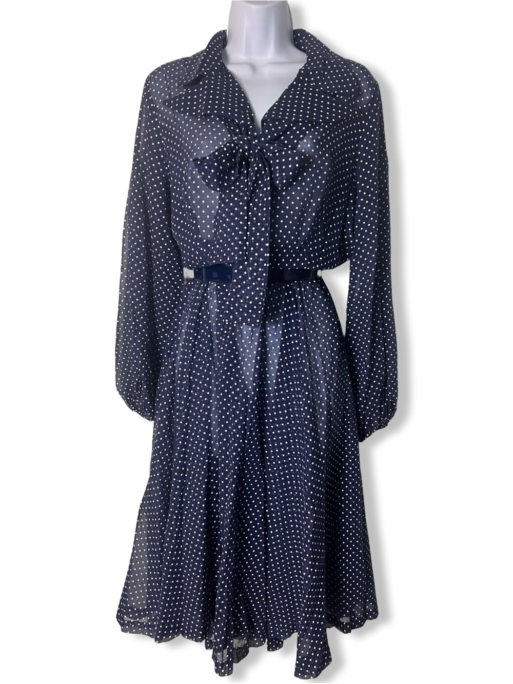 Vintage Womens 70s Navy Polka Dot‎ Sheer Dress Bow Belt Balloon Sleeve Sz M/L
